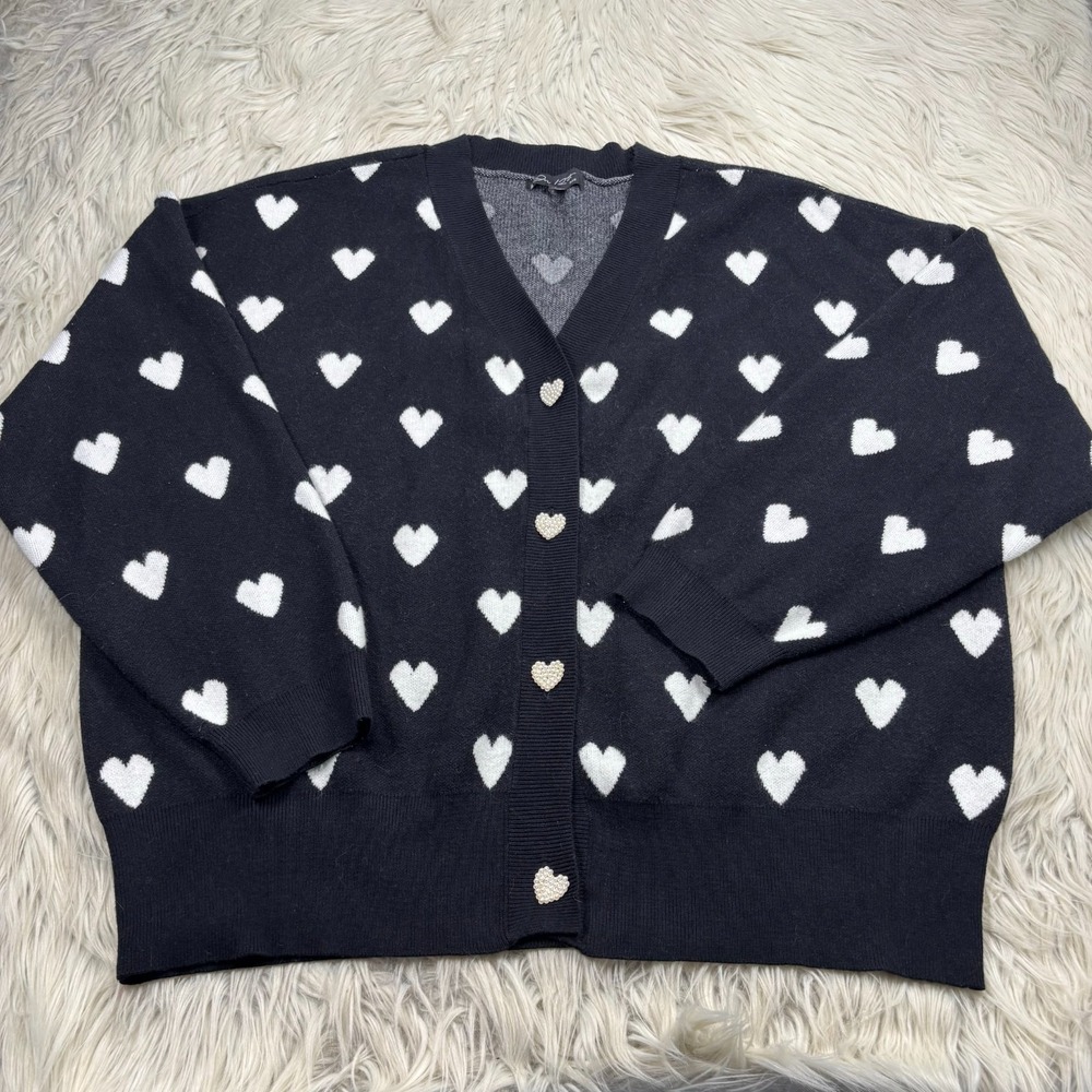 On 12th Women's 2X Black White Heart Cardigan‎ Dopamine Maximalist Whimsy